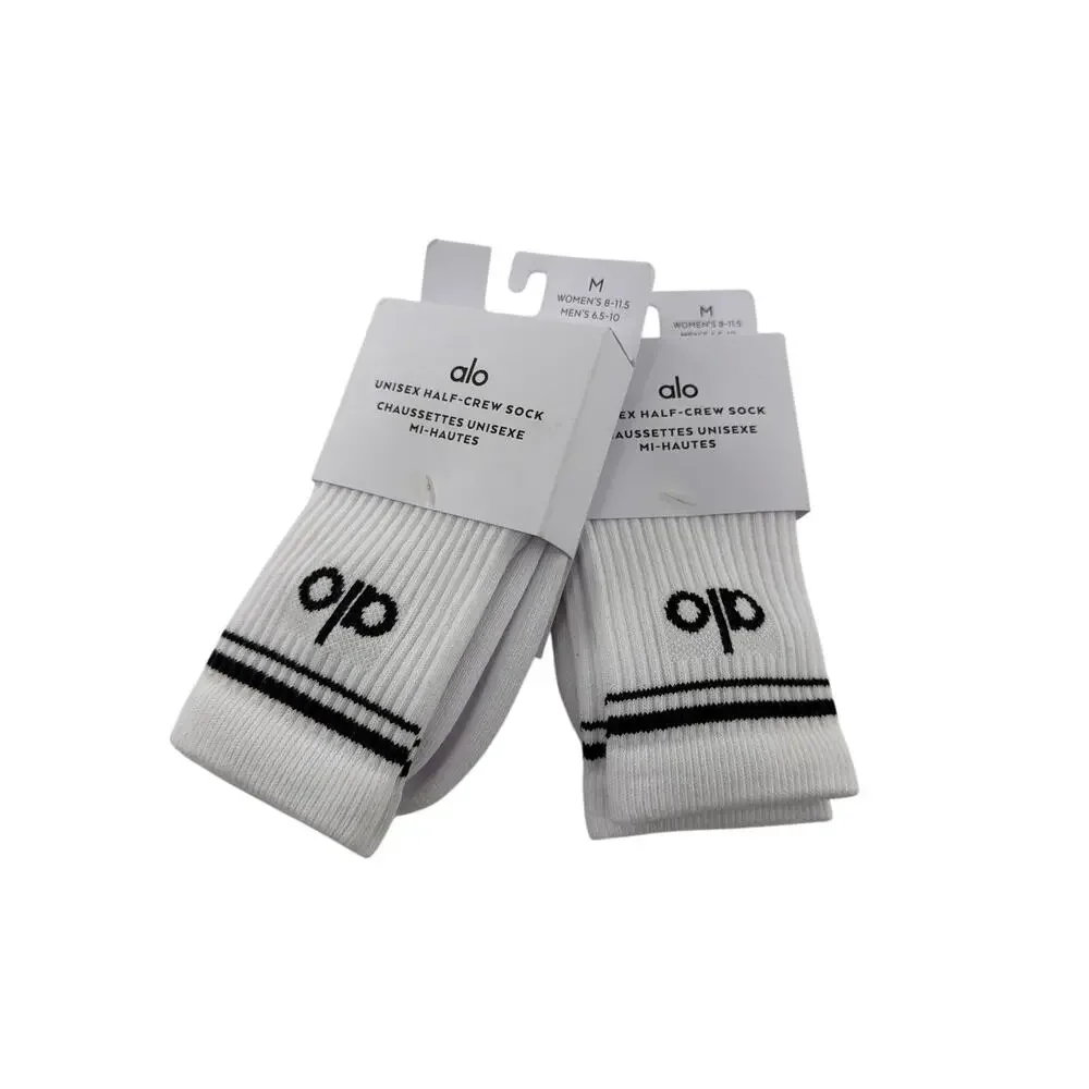 Alo Yoga 2-Pair White Black Half-Crew Throwback Socks Size M W 8-11.5 / M 6.5-10